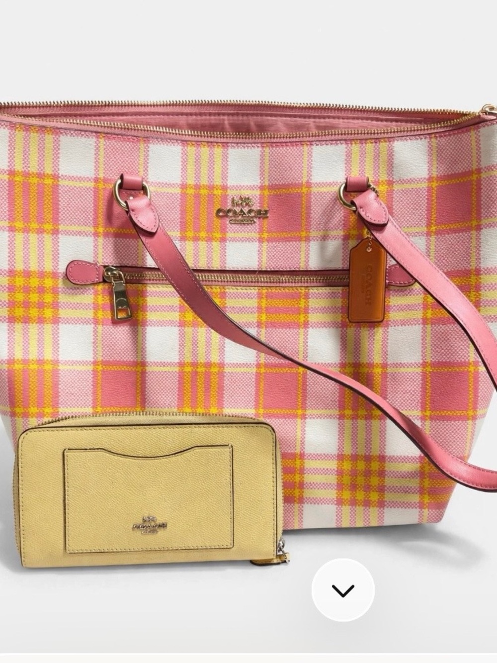 Coach Pink and Yellow Plaid Leather-Trim Tote - Picture 2 of 4
